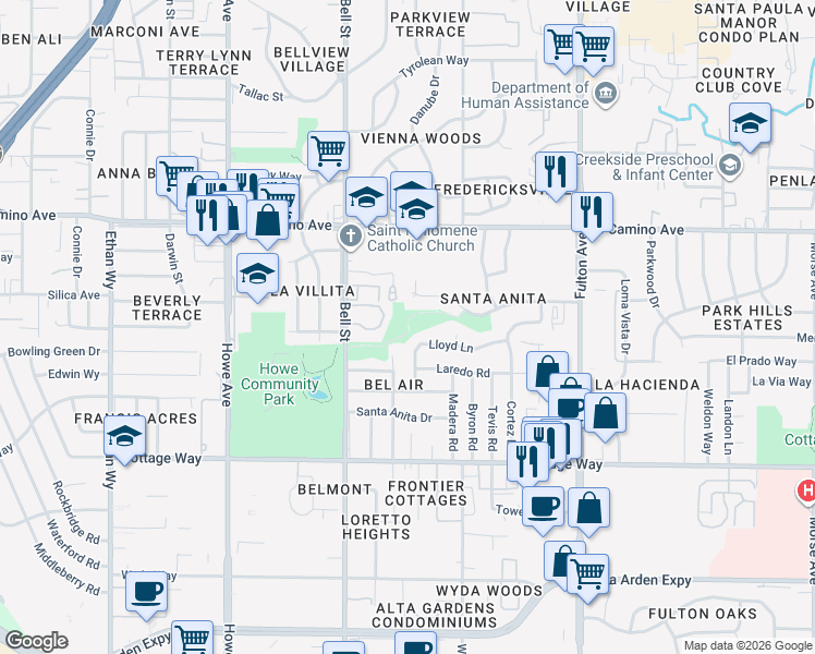 map of restaurants, bars, coffee shops, grocery stores, and more near 2298 Bell Street in Sacramento