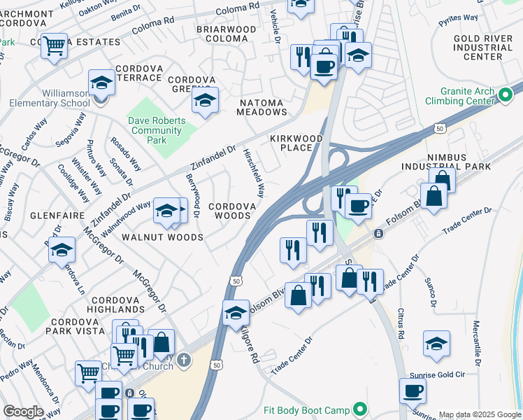 map of restaurants, bars, coffee shops, grocery stores, and more near 11016 Hirschfeld Way in Rancho Cordova