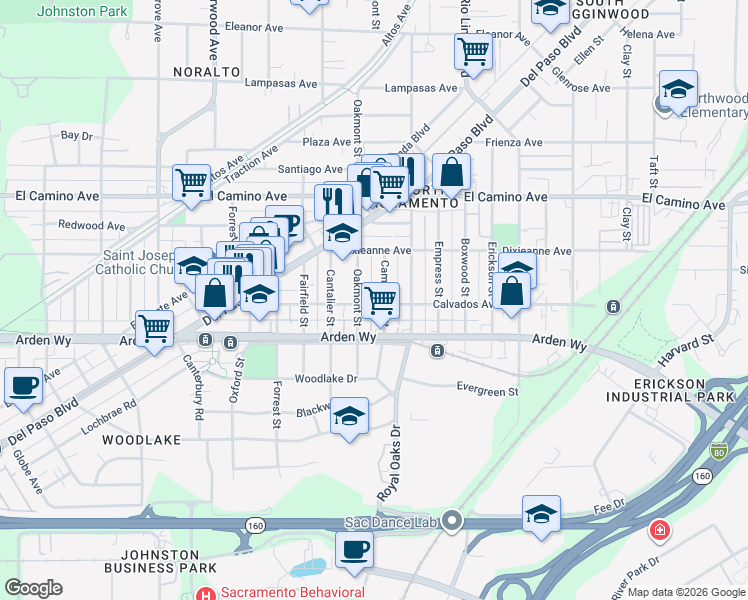map of restaurants, bars, coffee shops, grocery stores, and more near 731 Calvados Avenue in Sacramento
