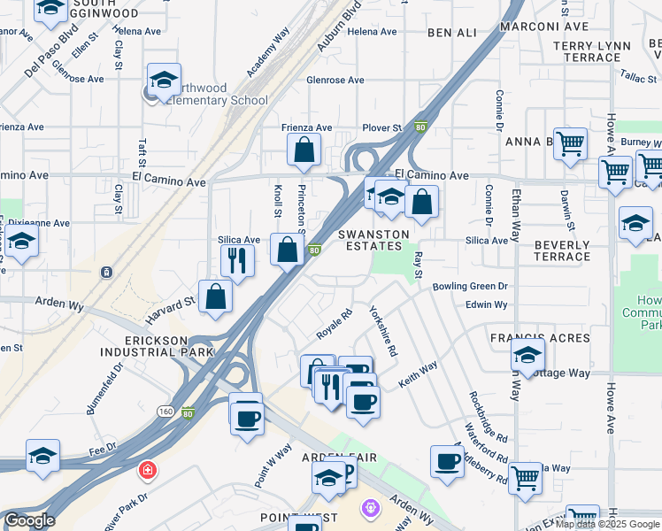 map of restaurants, bars, coffee shops, grocery stores, and more near 1605 Cormorant Way in Sacramento
