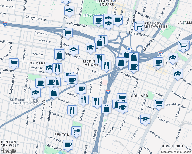 map of restaurants, bars, coffee shops, grocery stores, and more near 1938 Gravois Avenue in St. Louis