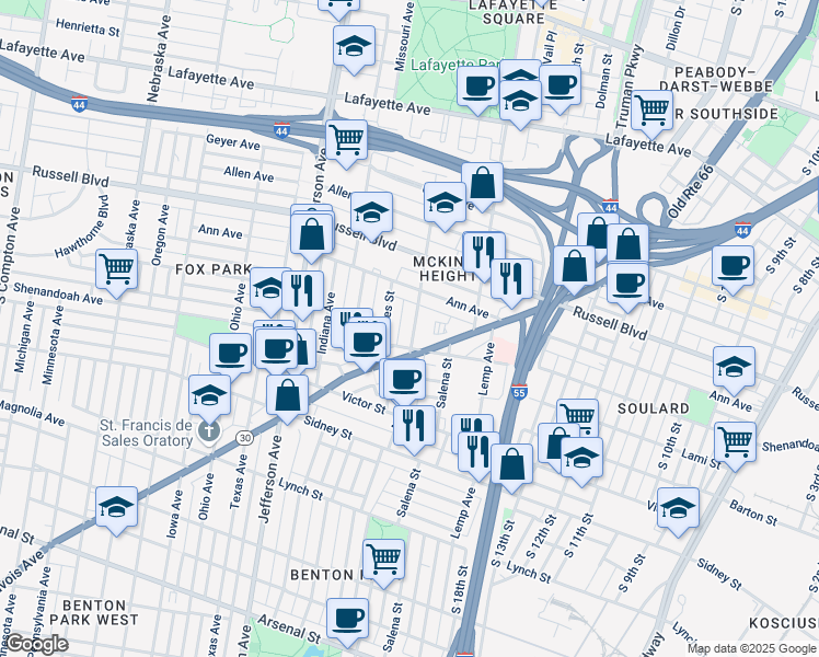 map of restaurants, bars, coffee shops, grocery stores, and more near 2239 McNair Avenue in St. Louis