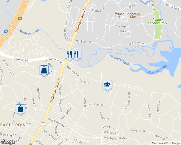 map of restaurants, bars, coffee shops, grocery stores, and more near 15775 Neabsco Creek Court in Woodbridge