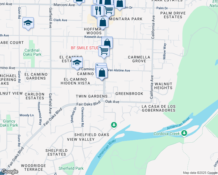 map of restaurants, bars, coffee shops, grocery stores, and more near 5820 Fair Oaks Boulevard in Carmichael