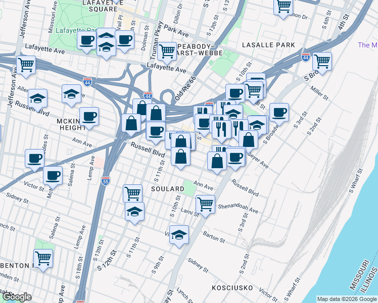 map of restaurants, bars, coffee shops, grocery stores, and more near 1006 Russell Boulevard in St. Louis