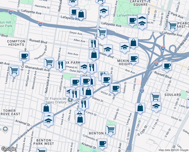 map of restaurants, bars, coffee shops, grocery stores, and more near 2312 South Jefferson Avenue in St. Louis
