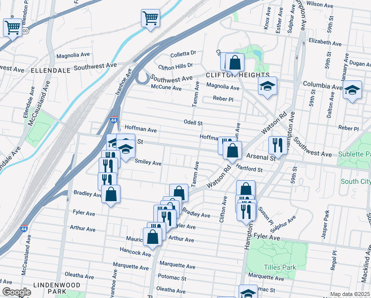 map of restaurants, bars, coffee shops, grocery stores, and more near 3124 Franke Court in St. Louis