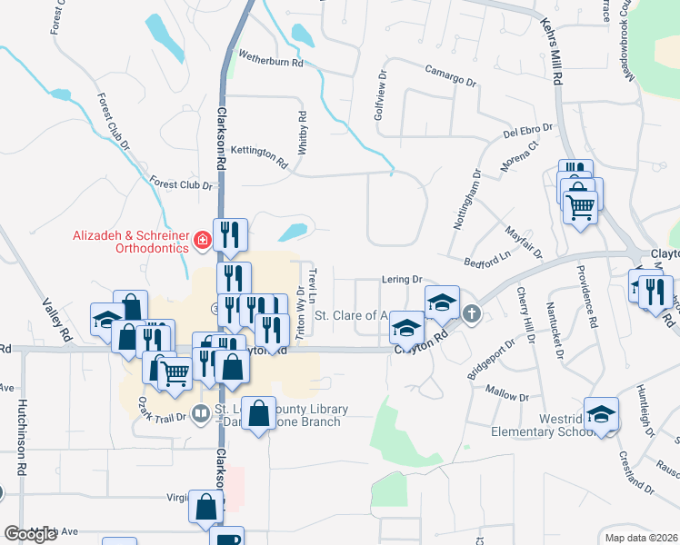 map of restaurants, bars, coffee shops, grocery stores, and more near 533 Lering Court in Ballwin