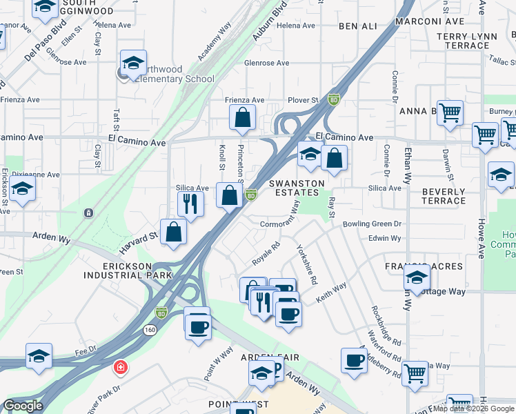 map of restaurants, bars, coffee shops, grocery stores, and more near 1605 Cormorant Way in Sacramento