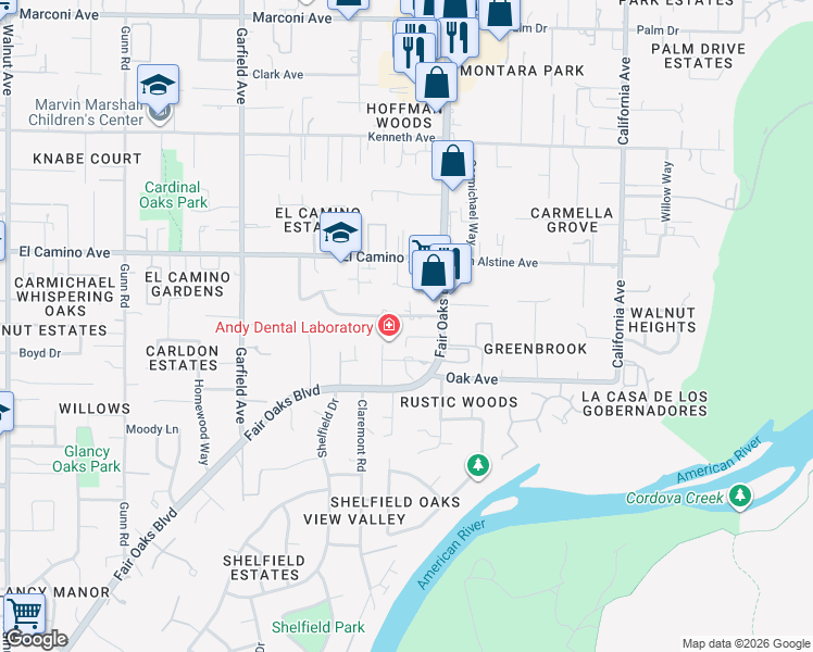 map of restaurants, bars, coffee shops, grocery stores, and more near 5807 Twin Gardens Road in Carmichael