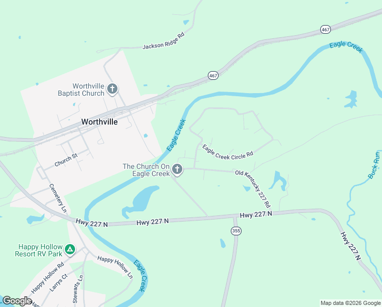 map of restaurants, bars, coffee shops, grocery stores, and more near 500 Eagle Creek Circle Road in Worthville