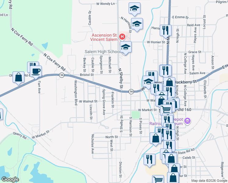 map of restaurants, bars, coffee shops, grocery stores, and more near 701-799 West Walnut Street in Salem