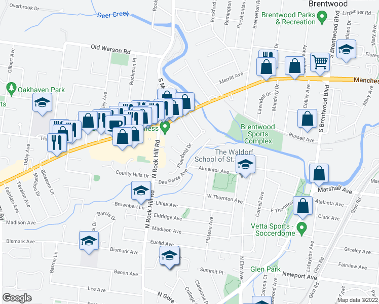 map of restaurants, bars, coffee shops, grocery stores, and more near 9508 Plainfield Drive in St. Louis
