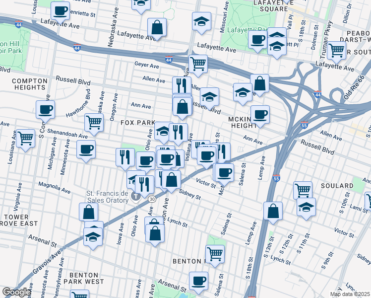 map of restaurants, bars, coffee shops, grocery stores, and more near 2303 Shenandoah Avenue in Saint Louis