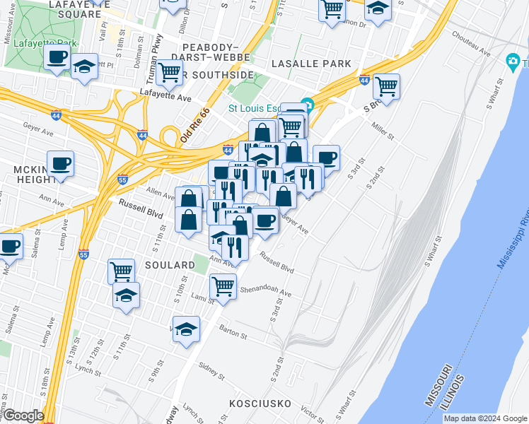 map of restaurants, bars, coffee shops, grocery stores, and more near 710 Geyer Avenue in St. Louis