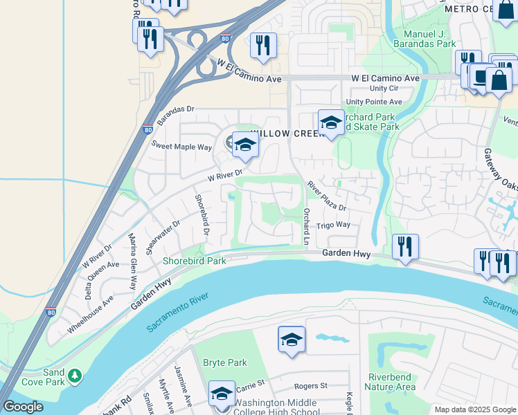 map of restaurants, bars, coffee shops, grocery stores, and more near 3090 Swallows Nest Drive in Sacramento