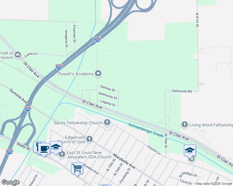 map of restaurants, bars, coffee shops, grocery stores, and more near 7114 Delmonte Street in East St. Louis