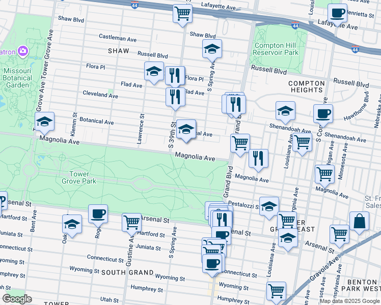 map of restaurants, bars, coffee shops, grocery stores, and more near 3815 Magnolia Avenue in St. Louis