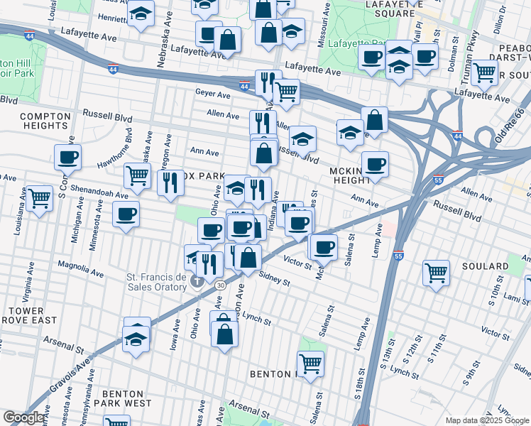 map of restaurants, bars, coffee shops, grocery stores, and more near 2252 South Jefferson Avenue in St. Louis