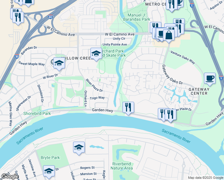 map of restaurants, bars, coffee shops, grocery stores, and more near 2703 River Plaza Drive in Sacramento