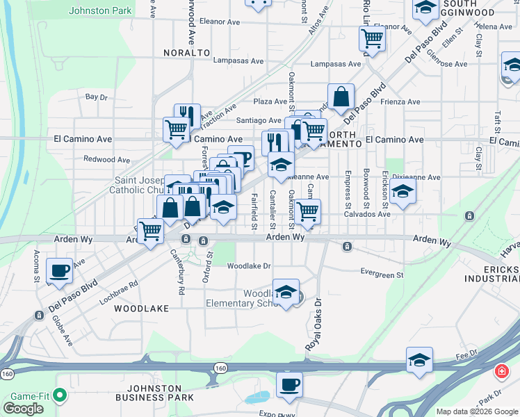 map of restaurants, bars, coffee shops, grocery stores, and more near 1922 Del Paso Boulevard in Sacramento