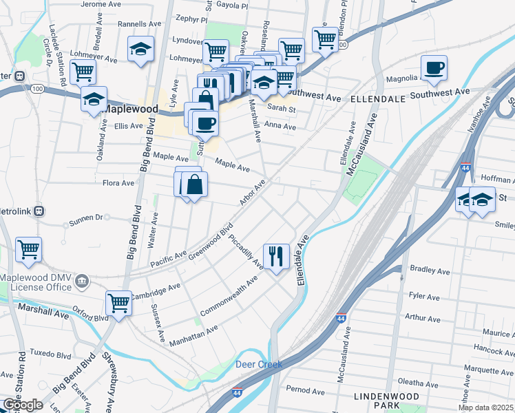 map of restaurants, bars, coffee shops, grocery stores, and more near 3316 Greenwood Boulevard in Maplewood
