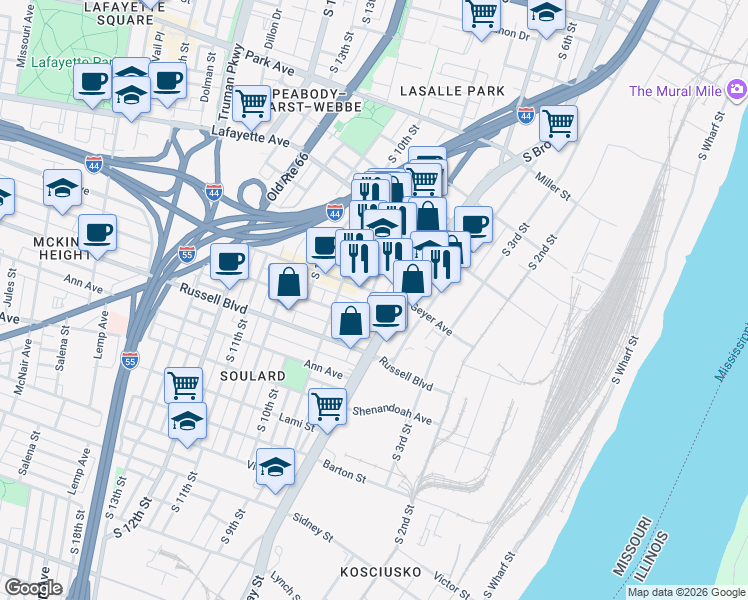 map of restaurants, bars, coffee shops, grocery stores, and more near 1910 South 8th Street in St. Louis