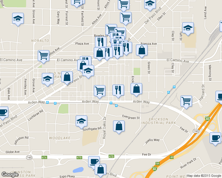 map of restaurants, bars, coffee shops, grocery stores, and more near 2357 Empress Street in Sacramento