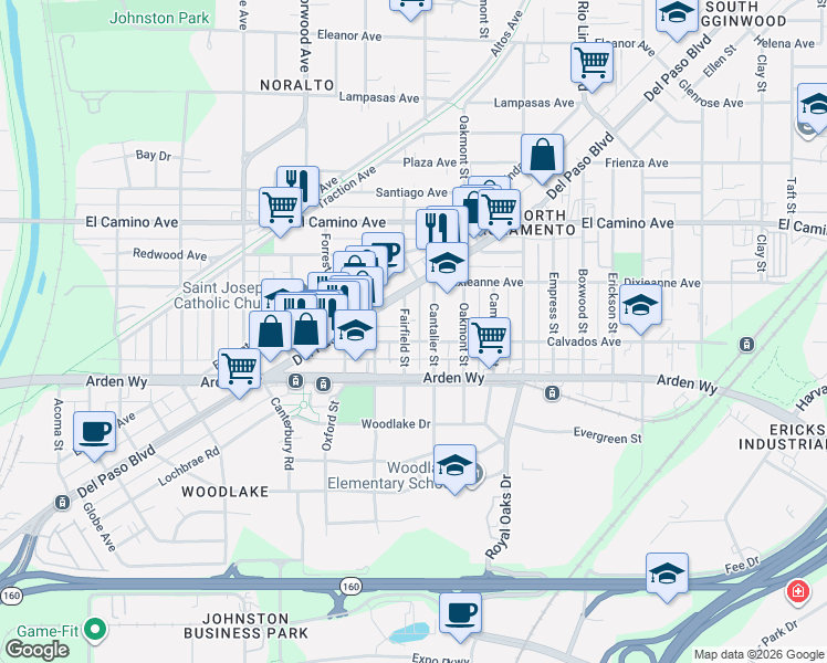map of restaurants, bars, coffee shops, grocery stores, and more near 1922 Del Paso Boulevard in Sacramento