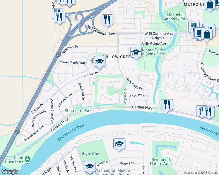 map of restaurants, bars, coffee shops, grocery stores, and more near 2333 Pro Am Court in Sacramento