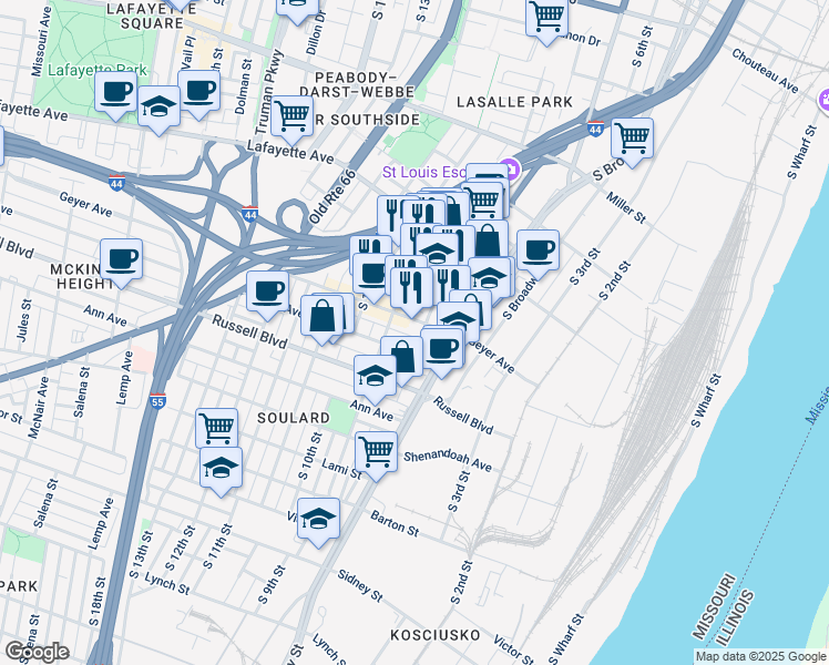 map of restaurants, bars, coffee shops, grocery stores, and more near 1860 South 9th Street in St. Louis