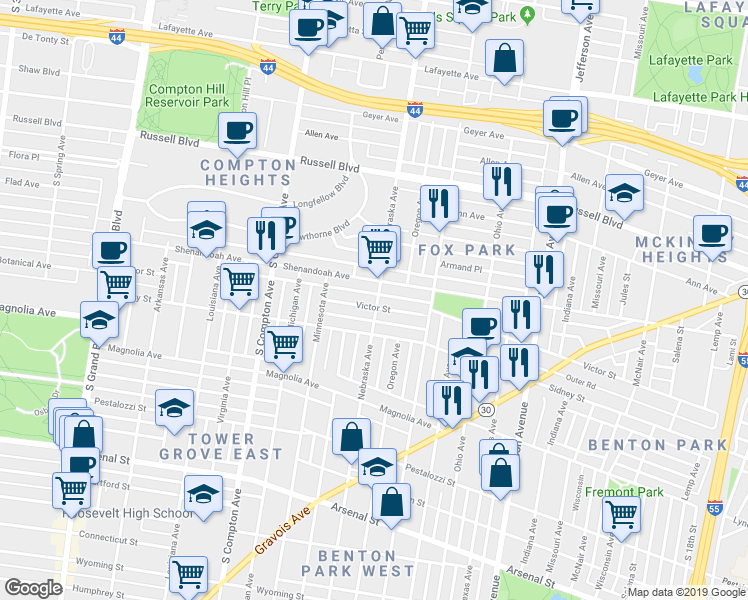 map of restaurants, bars, coffee shops, grocery stores, and more near 2902 Shenandoah Avenue in St. Louis