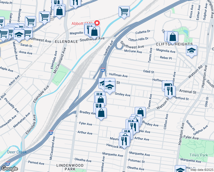 map of restaurants, bars, coffee shops, grocery stores, and more near 6649 Arsenal Street in St. Louis