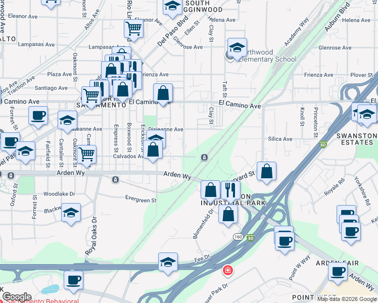 map of restaurants, bars, coffee shops, grocery stores, and more near 2327 Lexington Street in Sacramento