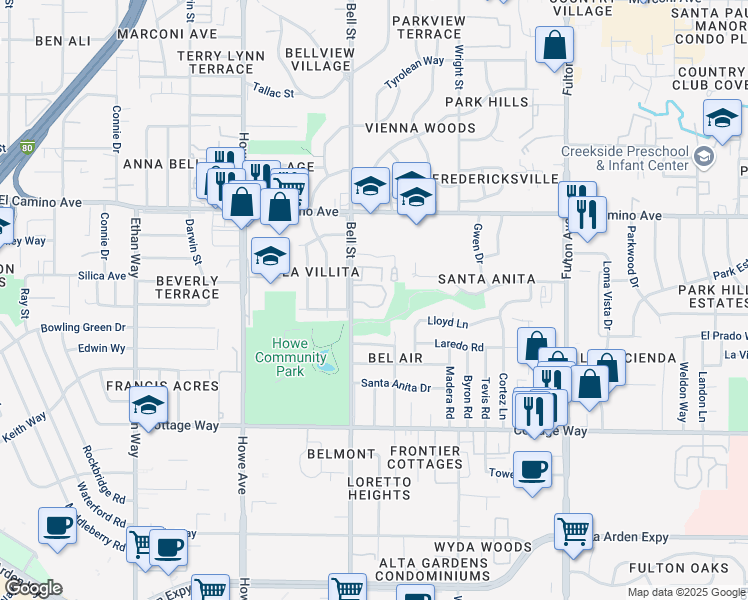 map of restaurants, bars, coffee shops, grocery stores, and more near 2340 Bell Street in Sacramento