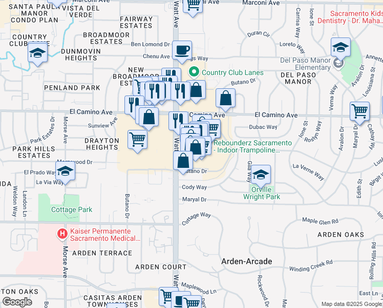 map of restaurants, bars, coffee shops, grocery stores, and more near 2330 Watt Avenue in Sacramento