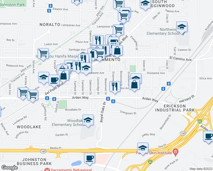 map of restaurants, bars, coffee shops, grocery stores, and more near 2314 Beaumont Street in Sacramento