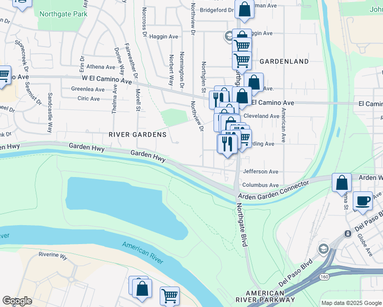 map of restaurants, bars, coffee shops, grocery stores, and more near 2201 Northview Drive in Sacramento