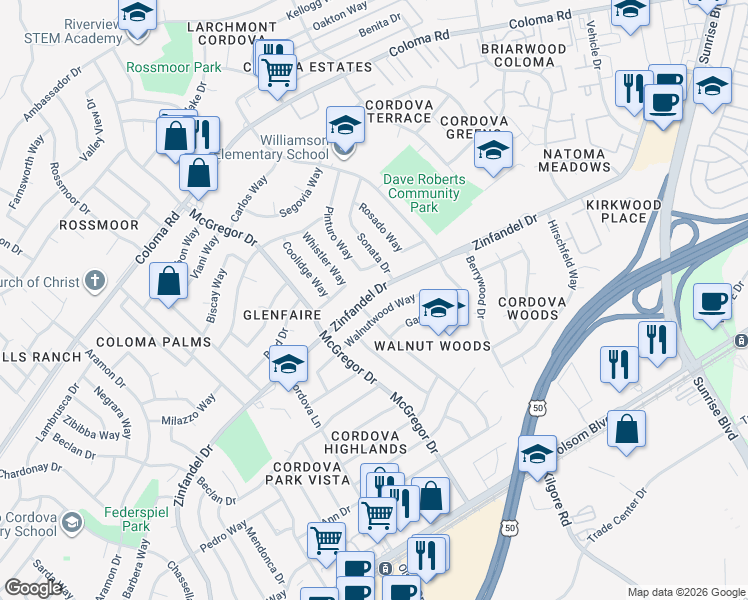 map of restaurants, bars, coffee shops, grocery stores, and more near 2236 Zinfandel Drive in Rancho Cordova