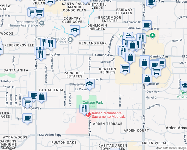 map of restaurants, bars, coffee shops, grocery stores, and more near 2400 Morse Avenue in Sacramento