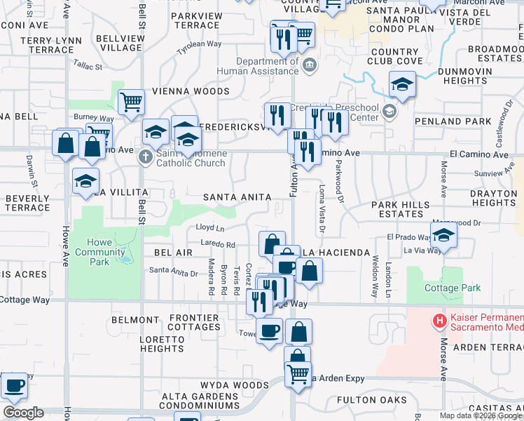 map of restaurants, bars, coffee shops, grocery stores, and more near 2517 Hernando Road in Sacramento