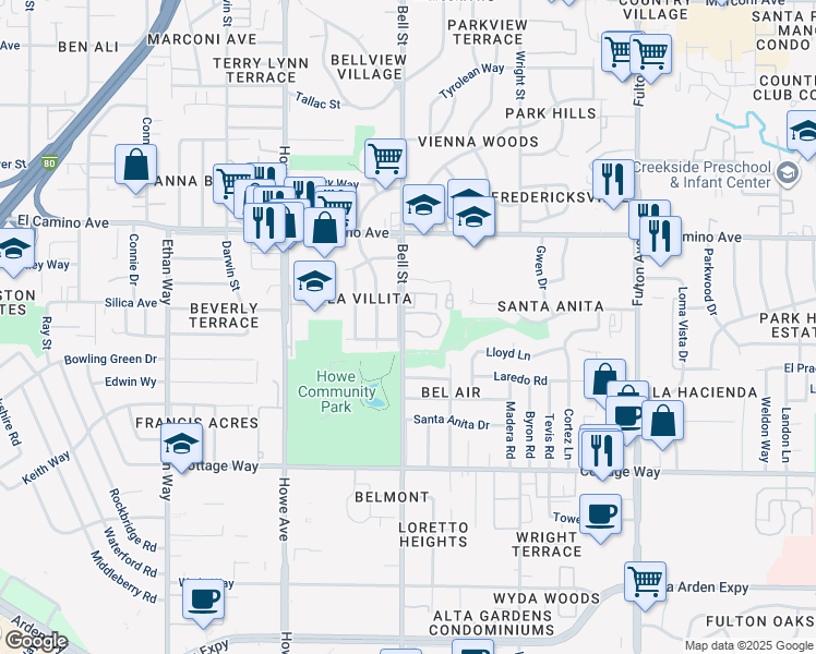 map of restaurants, bars, coffee shops, grocery stores, and more near 2403 Post Oak Lane in Sacramento