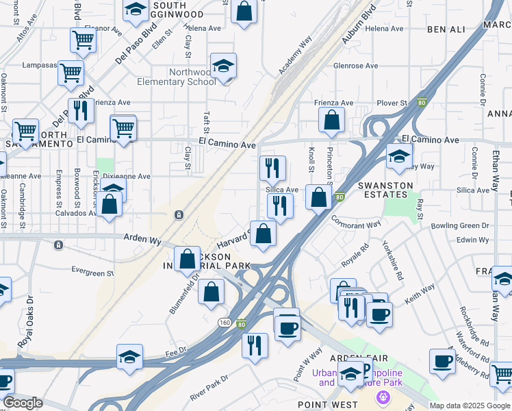 map of restaurants, bars, coffee shops, grocery stores, and more near 1345 Silica Avenue in Sacramento