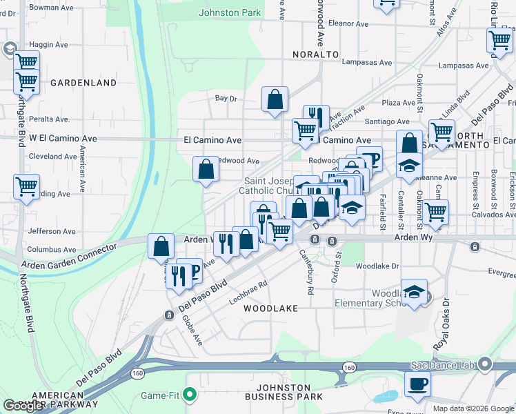 map of restaurants, bars, coffee shops, grocery stores, and more near 2267 Fernley Avenue in Sacramento