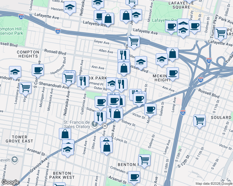 map of restaurants, bars, coffee shops, grocery stores, and more near 2628 Armand Place in St. Louis