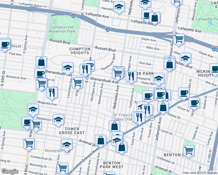 map of restaurants, bars, coffee shops, grocery stores, and more near 3010 Shenandoah Avenue in St. Louis