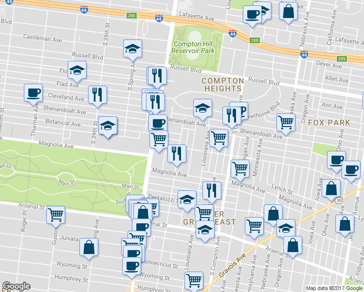 map of restaurants, bars, coffee shops, grocery stores, and more near 2332 Arkansas Avenue in St. Louis