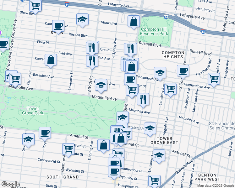 map of restaurants, bars, coffee shops, grocery stores, and more near 3650 Botanical Avenue in St. Louis