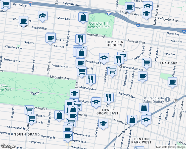 map of restaurants, bars, coffee shops, grocery stores, and more near 3457 Sidney Street in Saint Louis