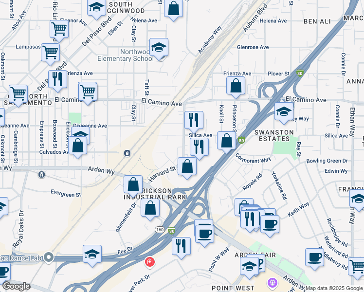 map of restaurants, bars, coffee shops, grocery stores, and more near 2251 Harvard Street in Sacramento